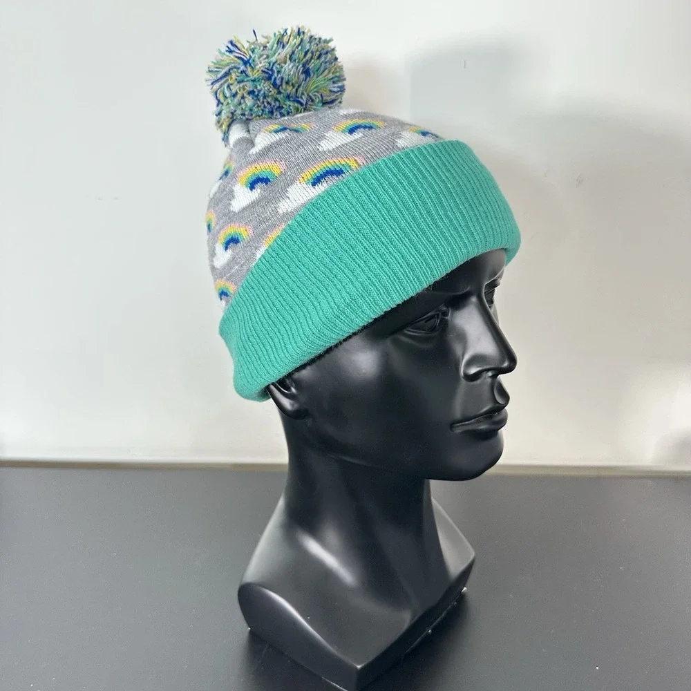 Tucker + Tate Rainbow Cloud Beanie Hat‎ Pom Pom Mint Green Gray One Size Kidcore